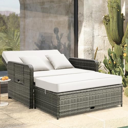 Multigot Double Rattan Daybed, 4-Level Adjustable Wicker Sun Lounger with Storage Ottoman, Retractable Tray and Cushions, Outdoor Conversation Furniture Garden Relaxing Chair Bed (White+Mix Grey)