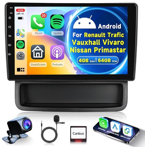 4G+64G Inalámbrico Carplay Android Radio Coche para Renault Trafic Opel Vivaro Nissan Primastar 2010-2014 9 Pulgadas Radio con Android Auto GPS Navi WiFi Bluetooth FM/RDS/32 EQ/USB/SWC Cámara Trasera
