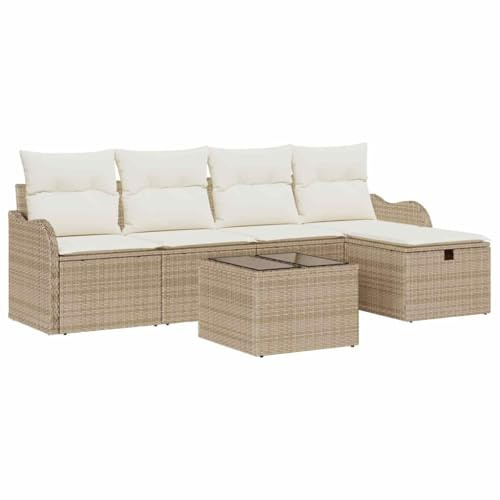 vidaXL Garten-Sofa-Set mit Kissen mit Speicher 6 pcs Beige Poly Rattan, Zeitgemäße Garten- und Terrassensofa-Gruppe, modulare Möbel, verstellbare Füße, langlebige Rattan-Couch, Loungesitz