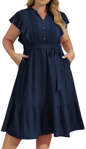 Hanna Nikole Women's V-Neck Button Front Midi Dress Plus Size Ruffle Sleeve Casual Dress for Women Solid Color Cute A-Line Dresses with Belt Navy