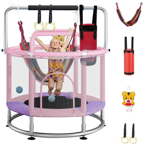 Trampolin für Kinder, Kindertrampolin mit umlaufendem Netz und verstellbaren Turnstangen für drinnen, draußen für Kinder, Junge, Mädchen, 140cm