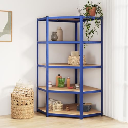 SDWEHO7 Eckregal mit 5 verstellbare Böden, Aufbewahrungsregal für Küche, Bad, Wohnzimmer, Büro, Robust und langlebig, 90 x 90 x 180 cm Blau Stahl & Holzwerkstoff