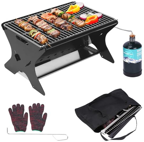 GFTIME Tragbarer Gasgrill, Camping Grill für Gas & Holzkohlebetrieb – Inkl. Tragetasche, Mobiler BBQ Grill, Perfekt für Camping, Garten, Balkon, Outdoor