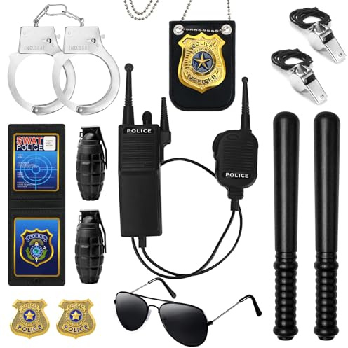 AYSYR Polizei Kostüm Accessoires Damen Männlich - 13 Stück Polizei Accessoires für Detective Dress-Ups, Osteroutfits,Kostüm Zubehör mit Abzeichen,Brillen,Handschellen,Walkie-Talkie,ect