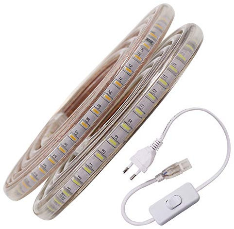 XUNATA 5m 220V Tiras LED con Interruptor, SMD 3014 120LEDs/m, IP67 Impermeable, Escalera de Techo Blancas Tira de LED Cocina Cable Luces LED Blanco frio