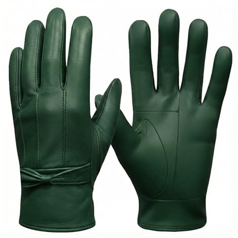 Ladies Winter Leather Driving Gloves Soft Fleece Lined (Green, S/M)
