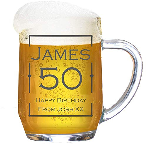 Personalised Beer Tankard ‘Modern Lines’ Engraved Glass Stein | 1 Pint Beer Mug with Protective Box | Ideal Birthday Gift for Friends and Family | Customise with Any Message and Name, 590 ml