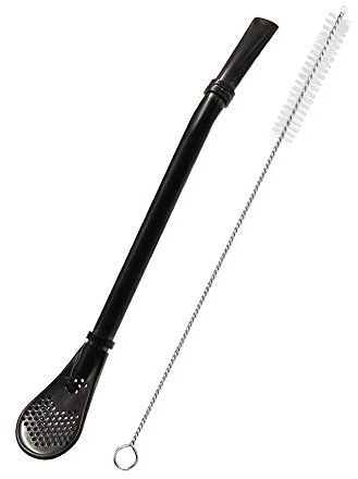 Cuchara de paja de acero inoxidable con filtro, bombilla, colador de té de mango largo, para beber té de hojas sueltas, sopa, bebidas, remover café con cepillo de limpieza (negro)