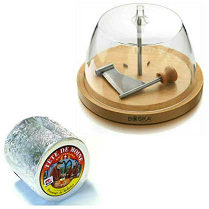 Komplett Set Tete de Moine Käsehobel mit Glocke aus Buchenholz, Ganzer Laib Tete de Moine AOP Classic 850g, Edelstahl-Messer, Kühlbox-Versand mit Styroporbox und Spezialkühlakku