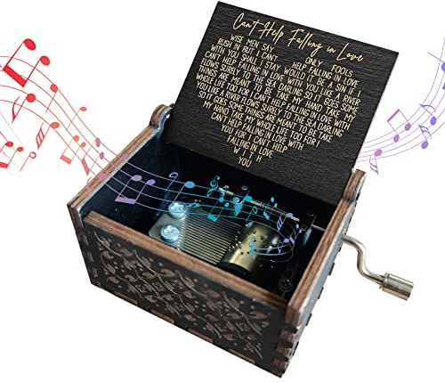 Musikbox mit Aufschrift Can't Help Falling in Love, Holz Vintage, klassisch, handgefertigt, graviert, Handkurbel, Spieluhr, Festival-Geschenke für Kinder, Jungen, Mädchen, Freunde (schwarze Liebe)