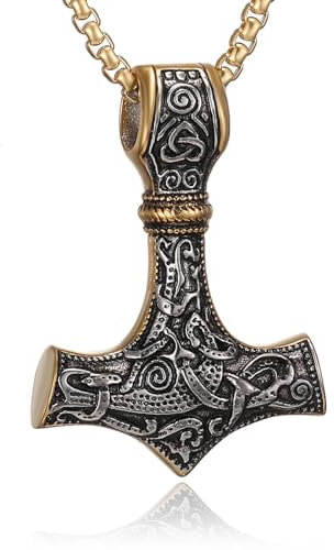 HSWYFCJY Thors Hammer Necklace Men's Old Silver Gold Mjölnir Hammer Viking Jewellery Length 24inch