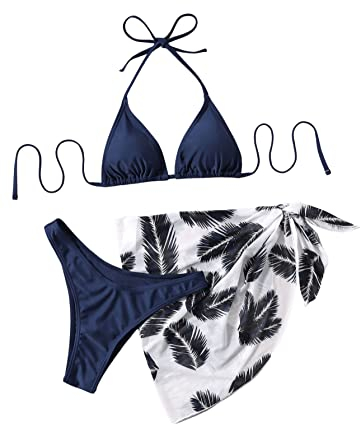 GORGLITTER Bikini Mit Rock Damen Set 3 Teilig Triangel Bikini Set Neckholder Badeanzug Bikini Mit Palme Marineblau XS