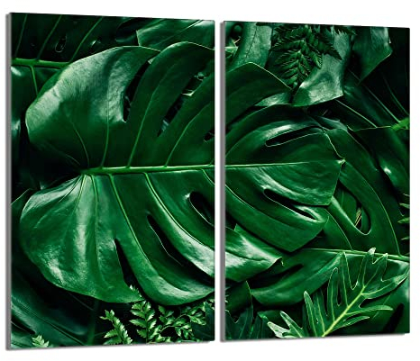 Herdabdeckplatten 2 Teilig 2x30x52 cm Ceranfeldabdeckung Küche Elektroherd Induktion Herdschutz Spritzschutz Glasplatte Schneidebrett, Monstera Grün