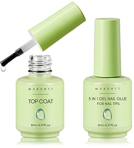 Makartt Gel Nail Glue and Gel Top Coat Set 2PCS, 3 in 1 Nail Glue Gel and No Wipe Top Coat Kit for Acrylic Nails, Extra Strong Nail Glue Gel/Base Coat/Slip Solution, Top Coat Gel Nail Polish
