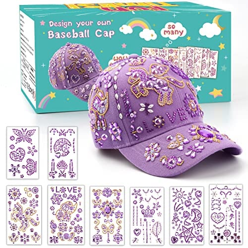 Geschenke für Mädchen DIY Baseballkappe, Baseball Cap Selbst Gestalten mit Edelstein Aufklebern, Einschulung Geburtstag Geschenk Mädchen 4 5 6 7 8 9 10 11 12 Jahre, Hut Bastelset Mädchen Schule