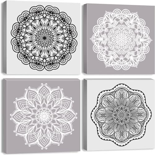 Mandala-Wandkunst, 45,7 x 45,7 cm, Lotusblüte, Leinwandkunst, marokkanisches Boho-Druck-Bilder-Set, schwarz-weißes Blumenmuster, gerahmtes Kunstwerk für Wohnzimmer, Yoga, Schlafzimmer, Küche