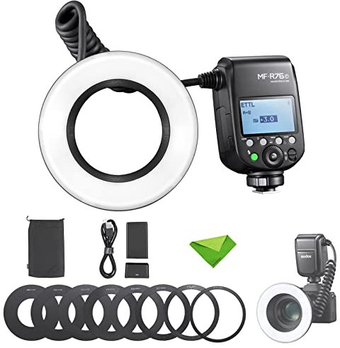 Godox MF-R76C TTL Macro Ring Flash 76Ws HSS 2.4G Wireless GN14 CCT 5900K 550 Full-Power Flashes, 0.1-1s Recycle Time Dual-Flash Tubes Speedlight for Canon Cameras for Animal, Plant Photography, etc