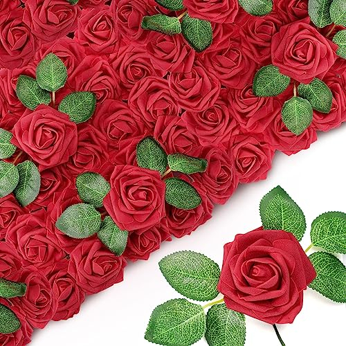 Sherr Künstliche Rosen mit Stiel, echt aussehende Kunstrosen, Brautparty, Tafelaufsätze für Hochzeit, Weihnachten, Party, DIY, Blumenstrauß, Girlande, Dekoration, Burgunderrot, 250 Stück