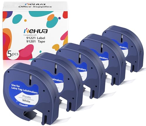 5x Hehua 91221 Kompatibel für Dymo LetraTag Etikettenband 12mm x 4m Bänder 91221 91201 S0721610 für Letratag xr Etikettenband LT100H LT110T LT100T QX50 XR XM 2000 Plus 200B