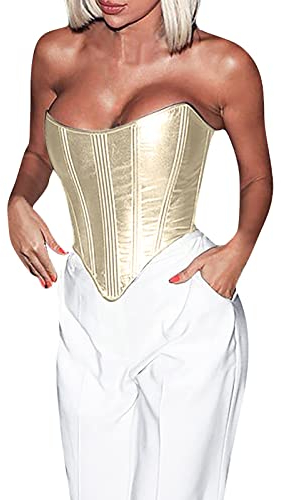 Ärmelloses Sommer-Tanktop für Damen und Mädchen, 2024, Damenmode, metallisch, Tunika, sexy, Unterhemd, Top, Hosenträger-Top, sportlich, bauchfrei, V-Ausschnitt, gold, Large
