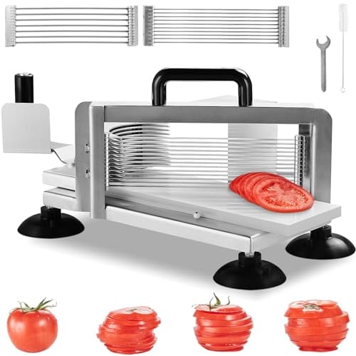 VEVOR Cortadora de Tomate Comercial Hoja de 1/4+3/8+3/16 Cortadora de Tomate Manual de Acero Inoxidable Cortador de Tomate con Pies Antideslizantes para Cocinas, Restaurantes, Hamburgueserías