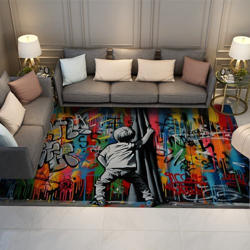 WEECHAINGE Banksy Style Street Graffiti Bereich Teppich Kleiner Junge Geöffnet Der Vorhang Teppich Ideal Für Eingangsbereich Wohnzimmer Schlafzimmer Niedriger Flor 90x120cm