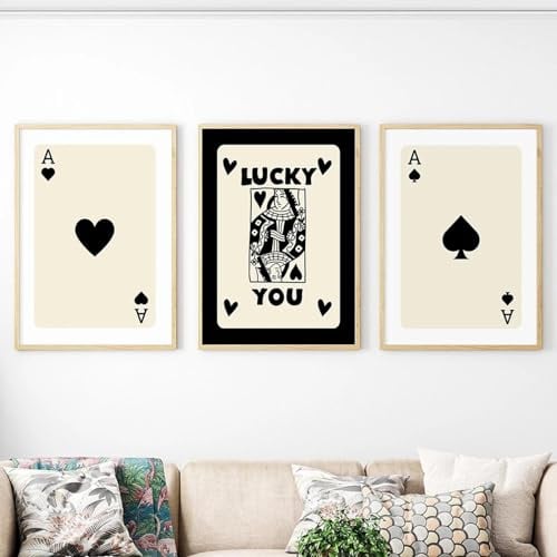 FOKTMS Nordisches trendiges Retro-Ass-Karten-Poster auf Leinwand, Wandkunst, schwarzer Stil, Buchstabe „Lucky You“, Bilder für Wohnzimmerdekoration, 50 x 70 cm, 3 Stück, ohne Rahmen