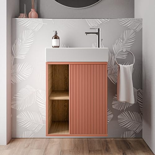 BERNSTEIN - Petit meuble vasque de salle de bain MDF avec lavabo céramique, charnière à droite - Garantie 5 ans - 48,7x24,3x58,5cm - Abricot mat - BELDIVO