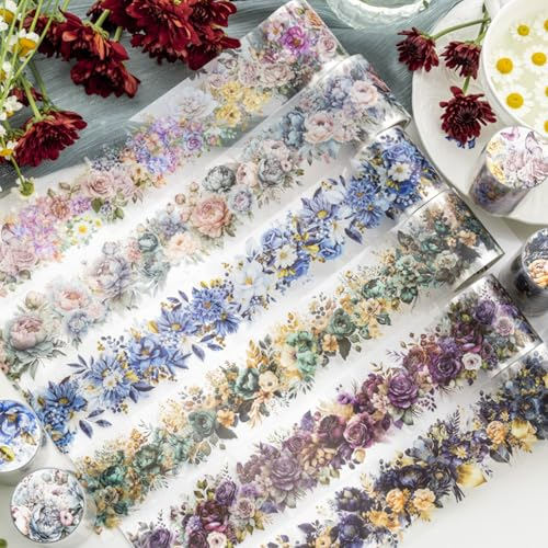 Ningmo Washi Tape Set,6 Rolls Blumen PET Wide Washi Tapes Transparent Sticker für Scrapbooking, Journaling,Bullet Journals, Planner,Mobile phones, photo albums DIY (01)
