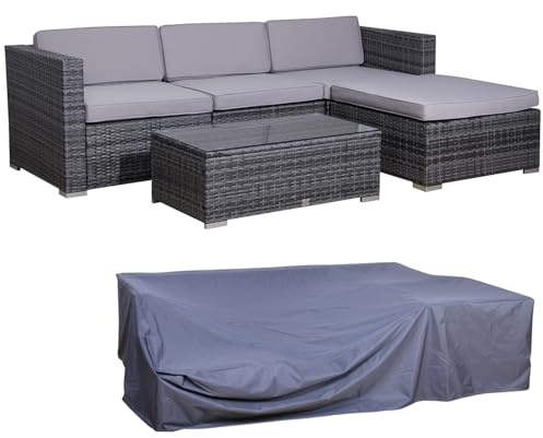 SVITA California Gartenlounge Set mit Abdeckhaube Polyrattan Gartenset Balkon-Set Rattan-Lounge mit Kissen Grau