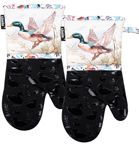 Alselo Oven Mitts, Heat Resistant with Soft Quilted Cotton Lining Set of 2, Fashion Duck Design with Silicone Printing Anti-Slip Kitchen Gloves for Safe Backing Cooking Barbecue (Darkgray, Duck)