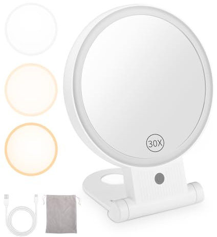 LEAZZLE Kosmetikspiegel mit Beleuchtung,30X/1X Doppelseitige Tischspiegel,Wiederaufladbarer Tragbarer Ultraschlanker Reisespiegel mit Licht,LED Schminkspiegel 360° Schwenkbar mit Saugnapf