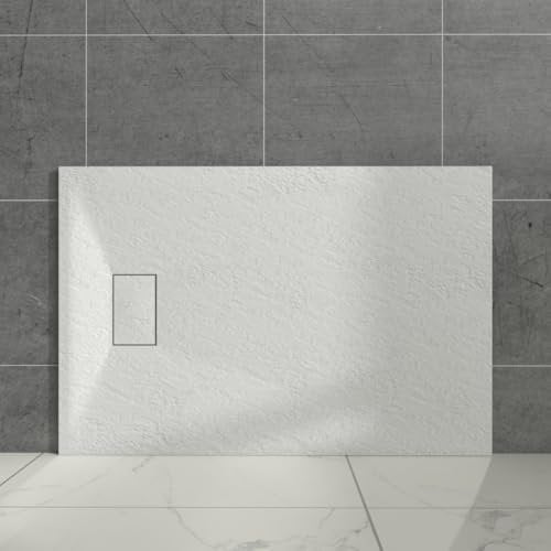 Aquariss White Rectangular Shower Tray Slate Effect SMC Slip-Resistant Shower Base for Bathroom Enclosures 1300x800mm with Waste