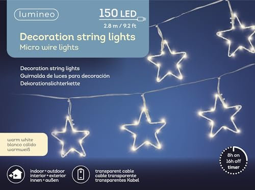 Lumineo Stern-Lichterkette warm weiß - 150 LEDs - 2,8 Meter - transparentes Kabel - Indoor & Outdoor - Timer - IP44 Schutz - Batteriebetrieben