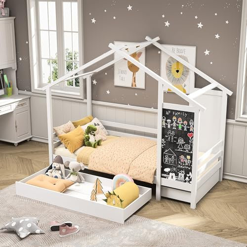 PerGar Kinderbett Hausbett 90x200cm, Holzbett mit Schubladen und Tafel, Bett mit Lattenrost und Stauraum, Jugendbett, Einzelbett, Kinder Bett mit Tafel, Hausbett, Ohne Matratze, Weiß