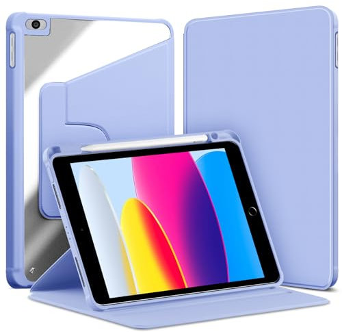 VAGHVEO Funda Giratoria para iPad 9,7 Pulgadas 2018/2017 (iPad 6ª/5ª Gen) / iPad Air 2/ Air 1 con Portalápiz, Carcasa Protectora con Soporte Giratorio 360 Grados y Trasera Transparente, Gris Morado