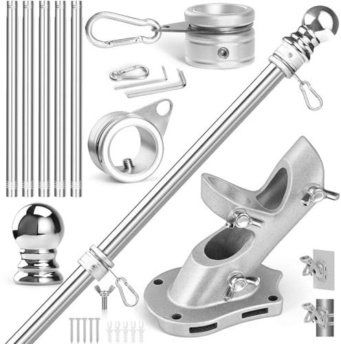 Anovo Flag Pole Kit- Stainless Steel Flag Poles with1 Inch Metal 360° Rotating Flag Pole Rings Clips, Two-Position Flag Pole Holder Brackets Mounting for Outside House Outdoor Porch (6 FT - Sliver)