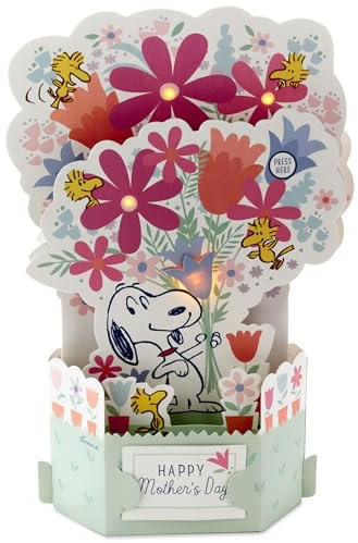 Hallmark Musical & Light Up 3D Pop Up Mother's Day Card, PEANUTS SNOOPY | Pink, Red, Green, Floral Design, 22.7cm x 15.2cm x 7.8cm, Die-Cut Details, Blue Envelope, Recyclable
