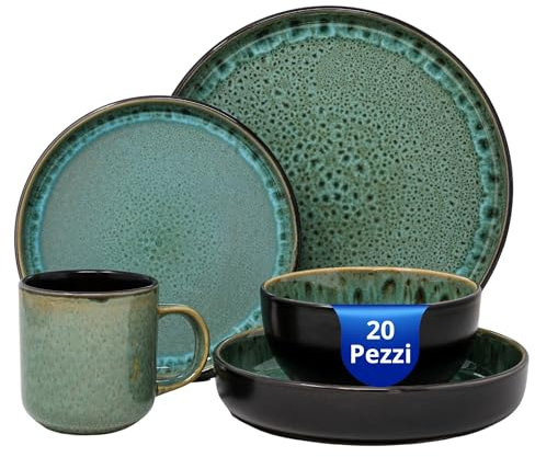 NAMAI - Set Piatti 12 Pezzi + 4 Ciotole Antipasti + 4 Tazze Colazione - Porcellana - Adatti In Lavastoviglie e Microonde - Servizio Piatti Moderni (Set Piatti + Mug + Ciotole 20 pz)