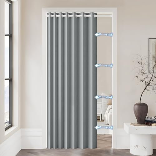 HMYI 100% Blackout Magnetic Folding Door Curtain, Accordion Style Door Curtain for Doorways Privacy, 1 Panel, W52 x L78, Grey