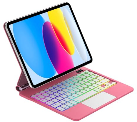 FOGARI Tastatur Hülle für iPad 10. Generation 2022 10,9 Zoll/11. Generation A16 2025 11 Zoll, Multi Touch Trackpad, QWERTZ Deutschland Magnetischer Ständer Magic Type Tastatur, Begonia Rot