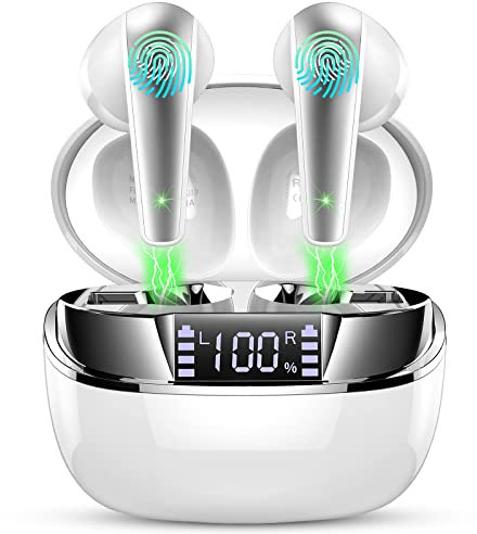 Auriculares inalámbricos Bluetooth 5.3 con auriculares estéreo HiFi inalámbricos, auriculares de 47 horas con 4 micrófonos ENC con cancelación de ruido, pantalla LED dual IP7, impermeables, USB-C para