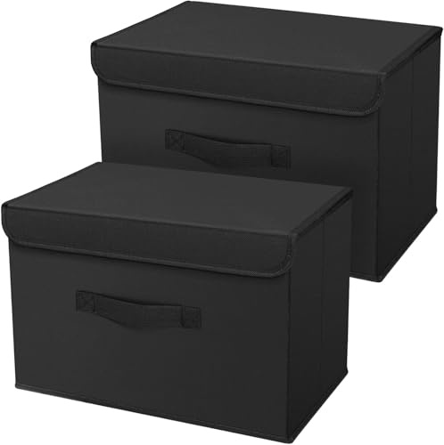 Homsorout Aufbewahrungsboxen mit Deckel, 38 x 25 x 25 cm, Schwarz, 2er Set | Aufbewahrungskorb Stoff Faltbare, Ordnungsboxen Kleiderschrank Organizer, Für Kleidung, Schrank, Würfelregal, Socken