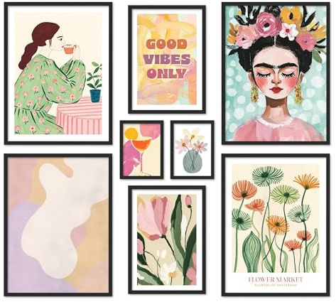 ARTFAVES® Poster Set - ABSTRACT ART GALERIE - mehrteilige Wanddeko Wohnzimmer & Schlafzimmer - 8 moderne Wandbilder abstrakt, pastell, sommer, frühling, kunst, frida kahlo - mit Rahmen Schwarz