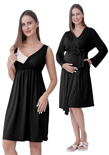 SUNNYBUY Umstands- & Stillnachthemd mit Morgenmantel 2-teilig | 3-in-1 Krankenhaus Nachtwäsche, Geburt & Wochenbett, Stillfreundlich, Morgenmantel mit Taschen