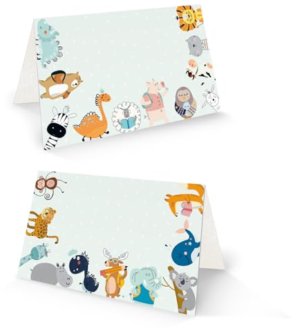 25 Stück Tischkarte Tiere Schule Kinder 8,5x5,5 cm beschriftbar Klappkarte Einschulung Schulanfang zum Basteln & Dekorieren – Logbuch-Verlag