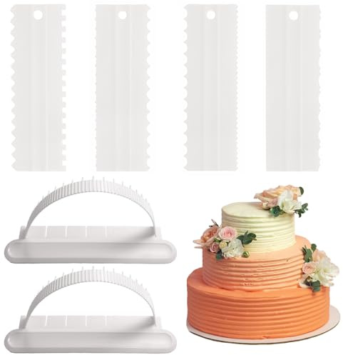 6 Pack Cake Scraper and Arch Guide Ruler Set, Plastic Sawtooth Decorating Comb, Mousse Buttercream Fondant Cake Edge Tools for Kitchen Baking Measuring DIY (White)