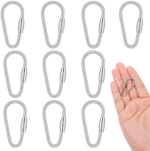 10 Pieces Small Locking Carabiner Stainless Steel Screw Lock Carabiner Clip Spring Snap Key Ring Repair Lock Hooks for Keychain Outdoor Camping Small Animal Parrot Hanging Toys (Silver)