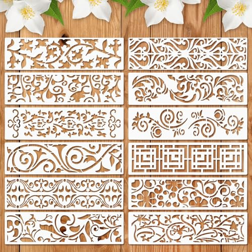 12 Stück Bordüren-Blatt-Schablonen, wiederverwendbare Schablonen für Möbelmalerei, Kuchen, dekorative Schablonen für Holz, Wand, DIY, Kunst, Handwerk, Leinwand, Stoff, Heimdekoration