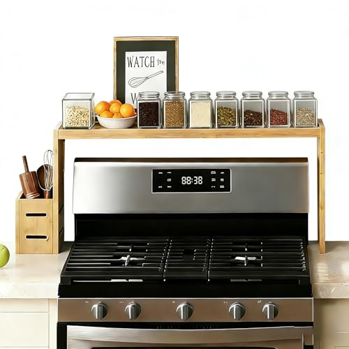 AODANC Over The Stove Shelf Wooden,Bamboo Spice Rack for Above the Kitchen Hob, 31.5-inch Spice Storage Rack, Height-Adjustable, 50-pound Weight Capacity, Easy to Assemble(Wood colour)